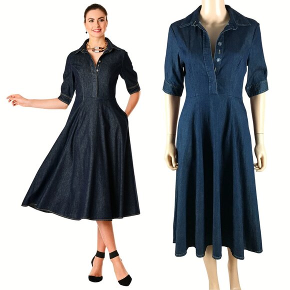 eShakti Cotton Denim Midi Dress with Pockets NEW Size 0 - Picture 1 of 11